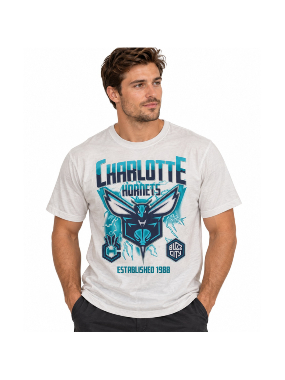 Men's NBA Charlotte Hornets Graphic T-Shirt – White – Size L – Boxy Fit – NWT